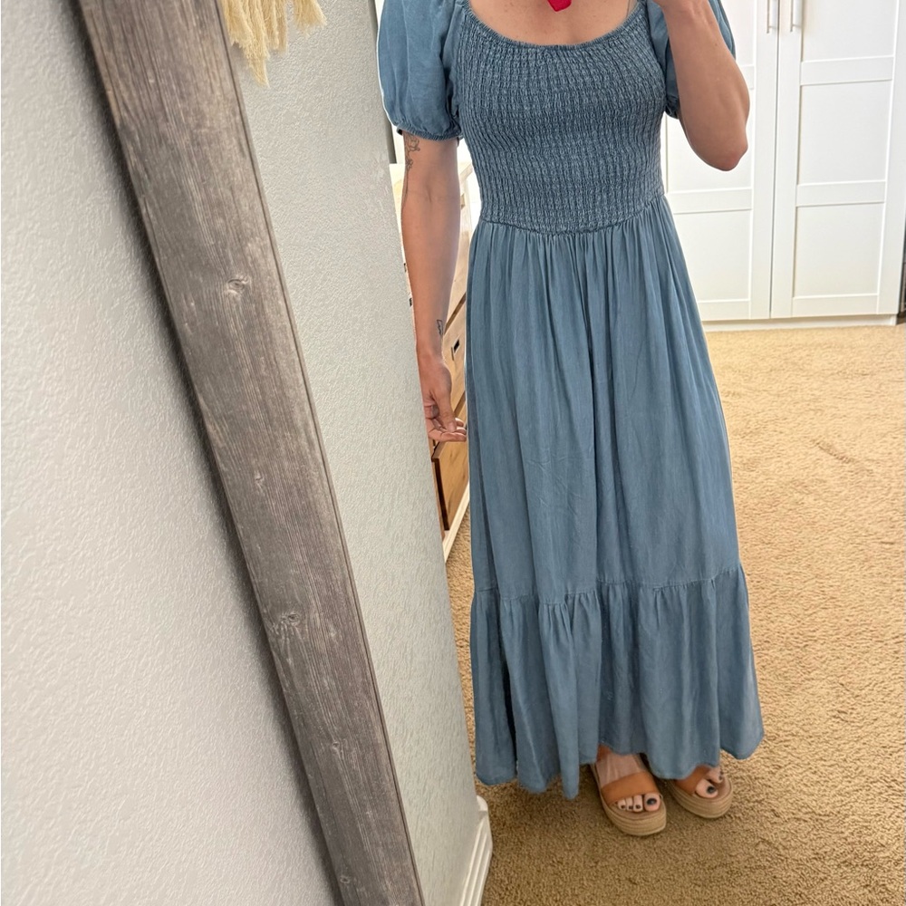 Blu Pepper Dusty Blue Chambray Smocked Puff Sleeve Maxi Dress